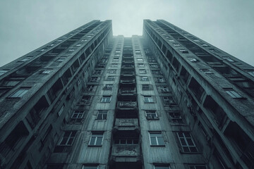 Dystopian Brutalist Skyscraper Architecture Highlighting Raw Concrete Forms, Harsh Lines, and Minimalist Urban Vision