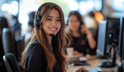 Female call center staff in black dresses using headsets while working in a modern office environment with a focus on customer service and teamwork