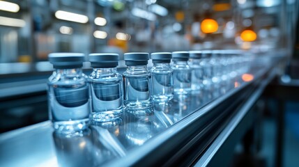 A row of clear bottles on a conveyor belt