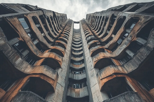 Futuristic Dystopian Brutalist Skyscraper Design Showcasing Monolithic Concrete Structures and Stark Urban Aesthetic
