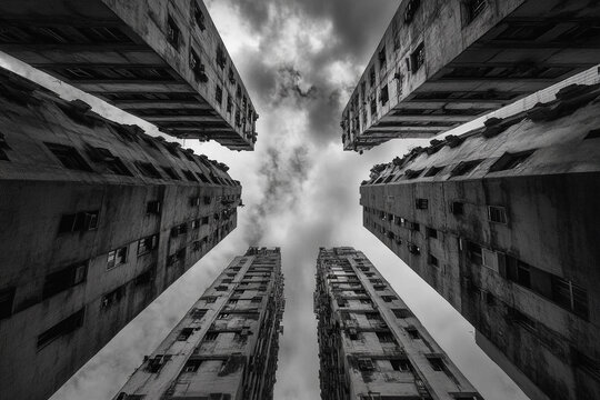 Futuristic Dystopian Brutalist Skyscraper Design Showcasing Monolithic Concrete Structures and Stark Urban Aesthetic