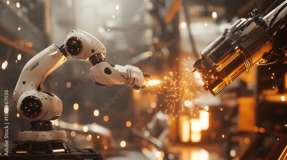 Poster a robotic arm interacts with a welding tool, creating sparks in an industrial setting.