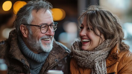 Happy middle-aged couple enjoying coffee together at a cozy cafe in the city