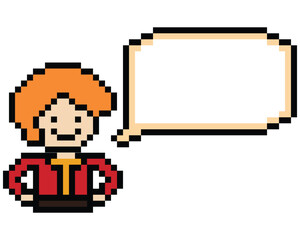 Cartoon cute pixel character man face with chat blank decoration 8 bit male boy say speak discuss idea chat box cartoon pixel game png vector.