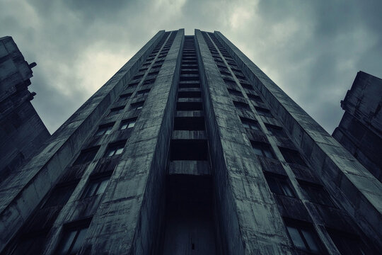 Futuristic Dystopian Brutalist Skyscraper Design Showcasing Monolithic Concrete Structures and Stark Urban Aesthetic