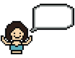 Cartoon cute pixel character face woman with chat blank decoration 8 bit female girl say speak discuss idea chat box cartoon pixel game png vector.