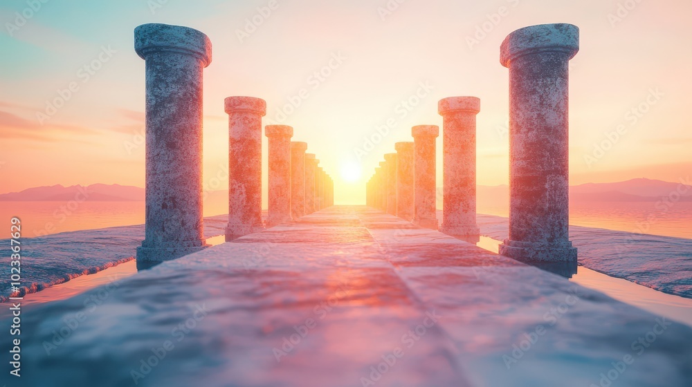 Poster a breathtaking view of a pathway lined with ancient columns leading to a vibrant sunset over calm wa