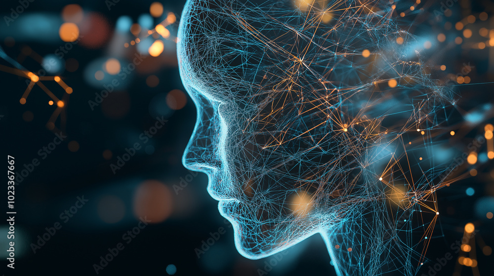 Poster Beautiful abstract background technological and futuristic background with the image of a transparent head with nervous lines and elements of modern technologies