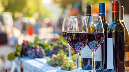 A beautiful display of Bordeaux wines featuring bottles and elegantly arranged glasses filled with rich red wine, surrounded by fresh grapes at a lively outdoor festival