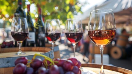 The lively atmosphere of a Bordeaux wine festival is showcased with elegant glasses filled with red wine, surrounded by fresh grapes and wooden barrels in sunlight