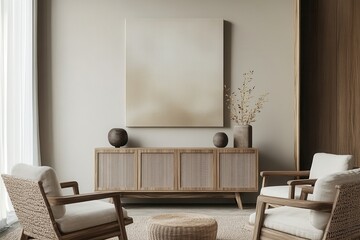 Minimalist Living Room Interior with Wooden Furniture and Artwork