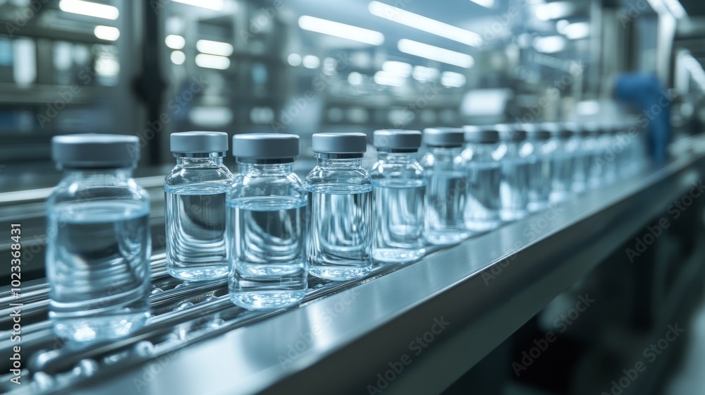 Poster a row of clear bottles on a conveyor belt