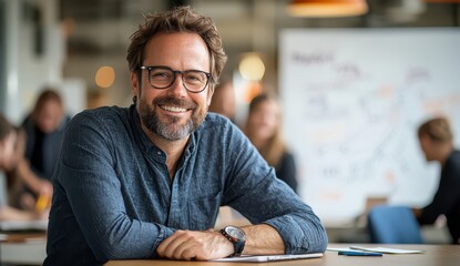 Smiling man sitting at a table in an office setting with colleagues in the background