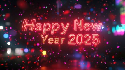 Happy New Year 2025 illuminated in bright red neon, with a backdrop of colorful confetti and lights.