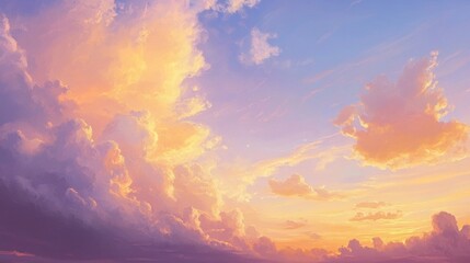 Naklejka premium Vibrant, expansive sky with soft, fluffy clouds scattered across a bright blue horizon, with the warm glow of the sun setting in the distance, casting golden and pink hues. Gentle gradients of orange 