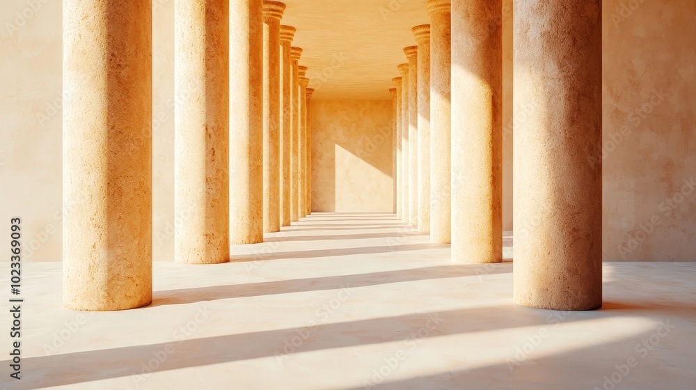 Poster a spacious and serene hallway lined with elegant columns. soft sunlight casts long shadows, creating