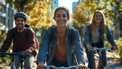 Obraz premium Three friends enjoying a joyful outdoor bicycling adventure on a sunny day, capturing the spirit of friendship and freedom during a vibrant autumn afternoon ride.