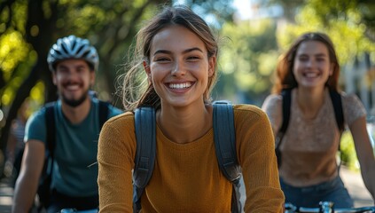 Obraz premium Three friends enjoying a joyful bike ride outdoors on a sunny day, embracing adventure and friendship in a vibrant natural setting