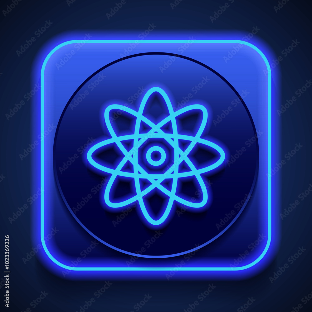 Poster atom simple icon vector. flat design. blue neon style on button. with shadow