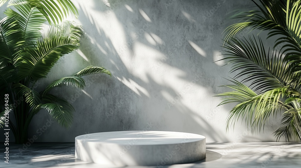 Poster 3d render of an abstract background with a white stone podium platform and a shadow on a concrete wa