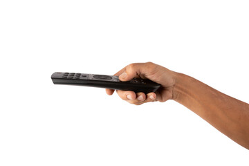 Male hand holding a tv remote controller isolated no background cutout