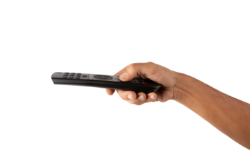Male hand holding a tv remote controller isolated no background cutout