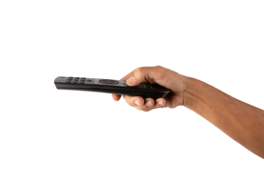 Male hand holding a tv remote controller isolated no background cutout