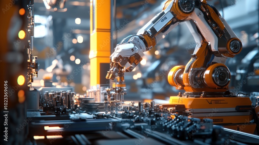 Poster a robotic arm assembling components in a high-tech industrial environment.