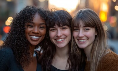 Fototapeta premium Three women of different ethnicities smiling together outdoors, celebrating friendship and diversity in a cheerful and vibrant urban setting