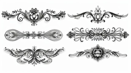Set of Six Ornate Black and White Floral Decorative Elements