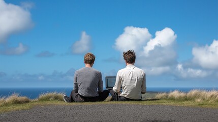 Friends Working Outdoors with Laptops by the Sea