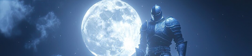 A majestic knight stands under a glowing moon, surrounded by mystical clouds, evoking a sense of adventure and valor.