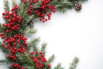 Festive Christmas border with red berries on white