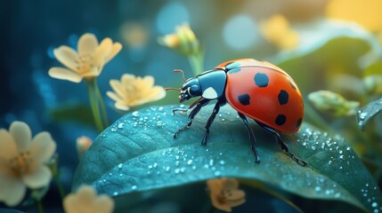 Obraz premium Vibrant Ladybug on Dew-Kissed Leaf Amidst Blooming Flowers in a Serene Natural Setting