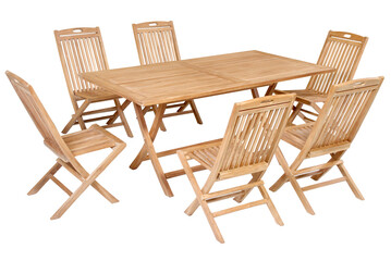 Teak garden furniture, Chairs and table set isolated in white background