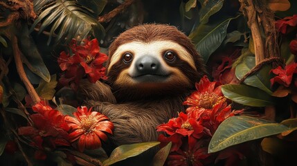 Fototapeta premium Adorable Sloth Surrounded by Vibrant Red Flowers in a Lush Tropical Jungle Setting