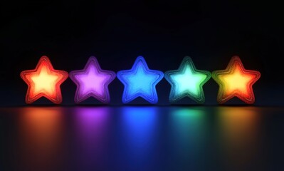 Fototapeta premium 3D illustration of five stars in different colors, glowing on a dark background 