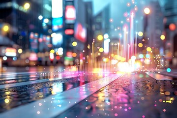 Dynamic urban scene with vibrant lights and reflections, showcasing a lively city atmosphere during a rainy night.