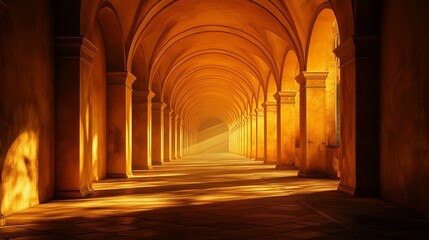 Obraz premium A long, dark corridor with arches and columns, the walls of which glow in a golden light
