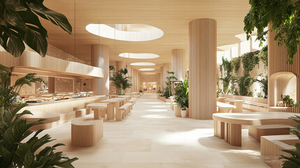 Interior of a food court in a shopping mall designed in a minimalist contemporary style with light beige tones. Generative AI.