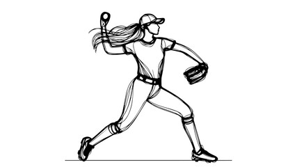 female baseball player throwing ball one line art