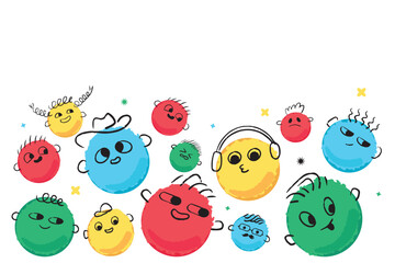 A group of round bright funny textured children's characters with different emotions. A symbol of community, partnership.