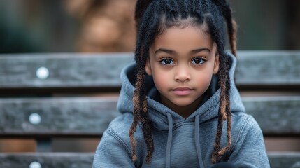 A photograph of a young Black girl wearing a grey hoodie, sitting on a bench with a sad expression.