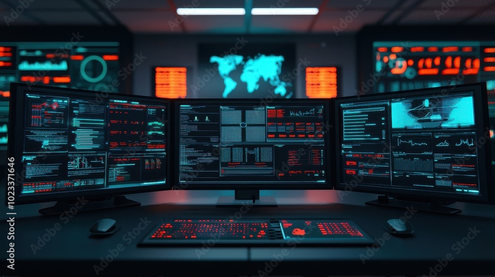 Poster a futuristic control room featuring multiple monitors displaying data, analytics, and a world map, e