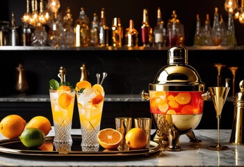 chic colorful cocktail arrangement featuring eye catching bar sparkling glassware lively ingredients elegant drinking experience, tools, vibrant, mixology