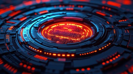 A futuristic, abstract design featuring glowing red and blue lights, resembling a digital interface or technological component.