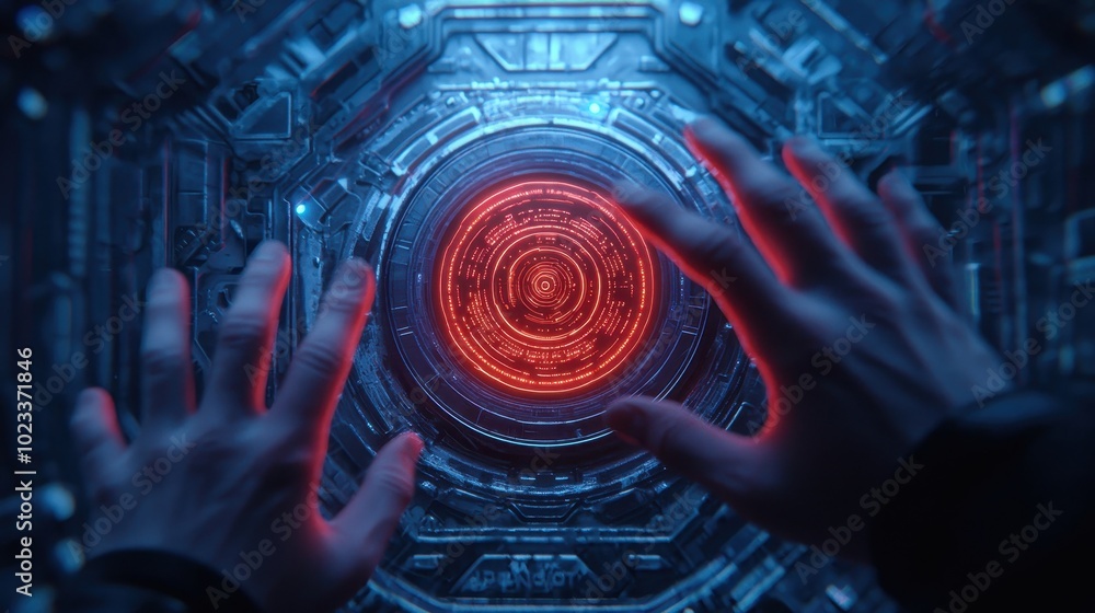 Poster a futuristic scene featuring hands reaching towards a glowing red circular interface surrounded by i