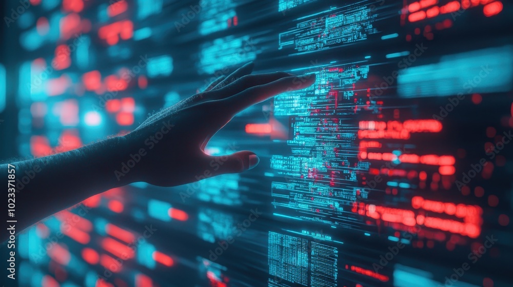 Poster a hand reaches out to interact with a glowing digital display of data, featuring intricate patterns 