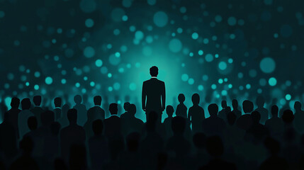 Silhouettes of business people standing in front of a crowd, vector illustration with copy space on a dark background Generative AI