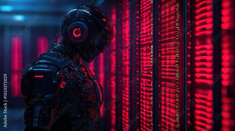 Poster a futuristic robot stands in front of glowing red data servers, embodying the intersection of techno